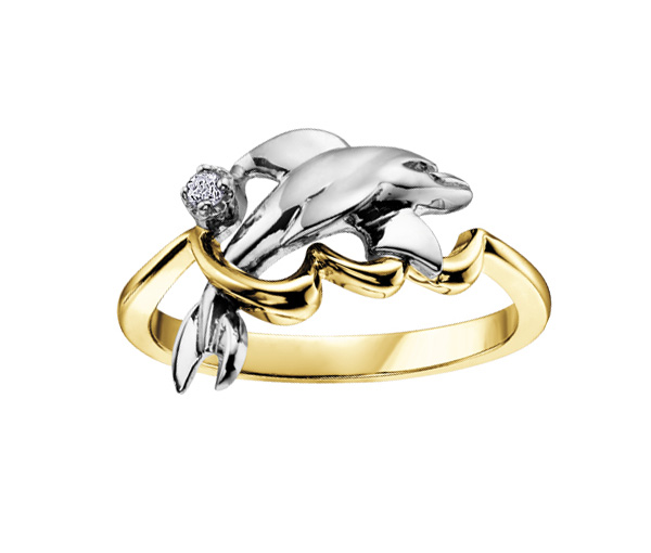 BAGUE DAUPHIN EN OR 10K 2 TONS SERTIE D'UN DIAMANT - CR DD2154Y - BIJOUX CANADIEN BAGUE DAUPHIN EN OR 10K 2 TONS SERTIE D'UN DIAMANT - CR DD2154Y - BIJOUX CANADIEN