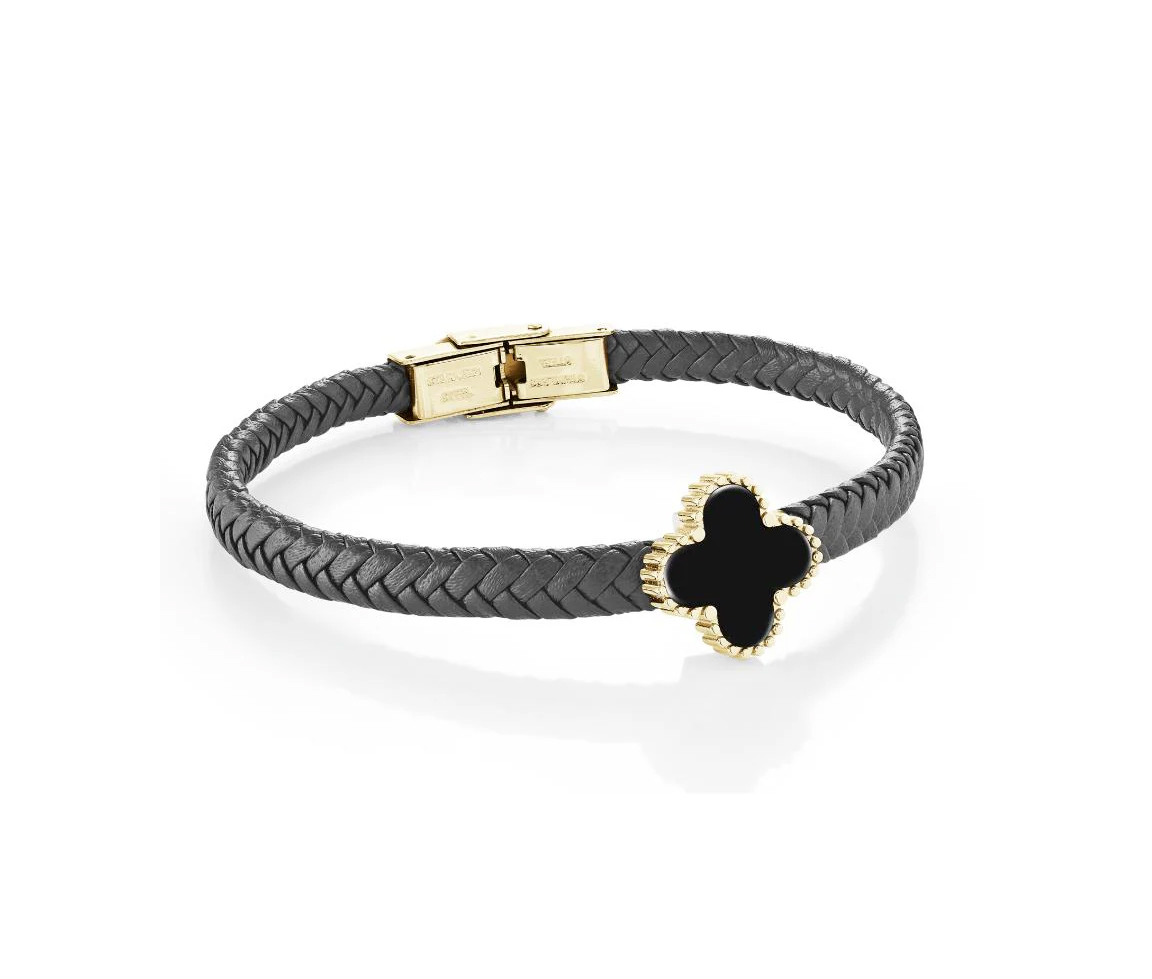 BRACELETTRÈFLE EN CUIR TRESSÉ ET ACIER SERTI D'ONYX - IG SLB682GO8 - ITALGEM BRACELETTRÈFLE EN CUIR TRESSÉ ET ACIER SERTI D'ONYX - IG SLB682GO8 - ITALGEM