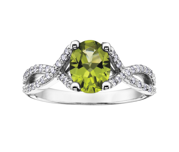 BAGUE EN OR BLANC SERTIE D'UN PÉRIDOT ET DE DIAMANTS - CR DD2238 - BIJOUX CANADIEN BAGUE EN OR BLANC SERTIE D'UN PÉRIDOT ET DE DIAMANTS - CR DD2238 - BIJOUX CANADIEN