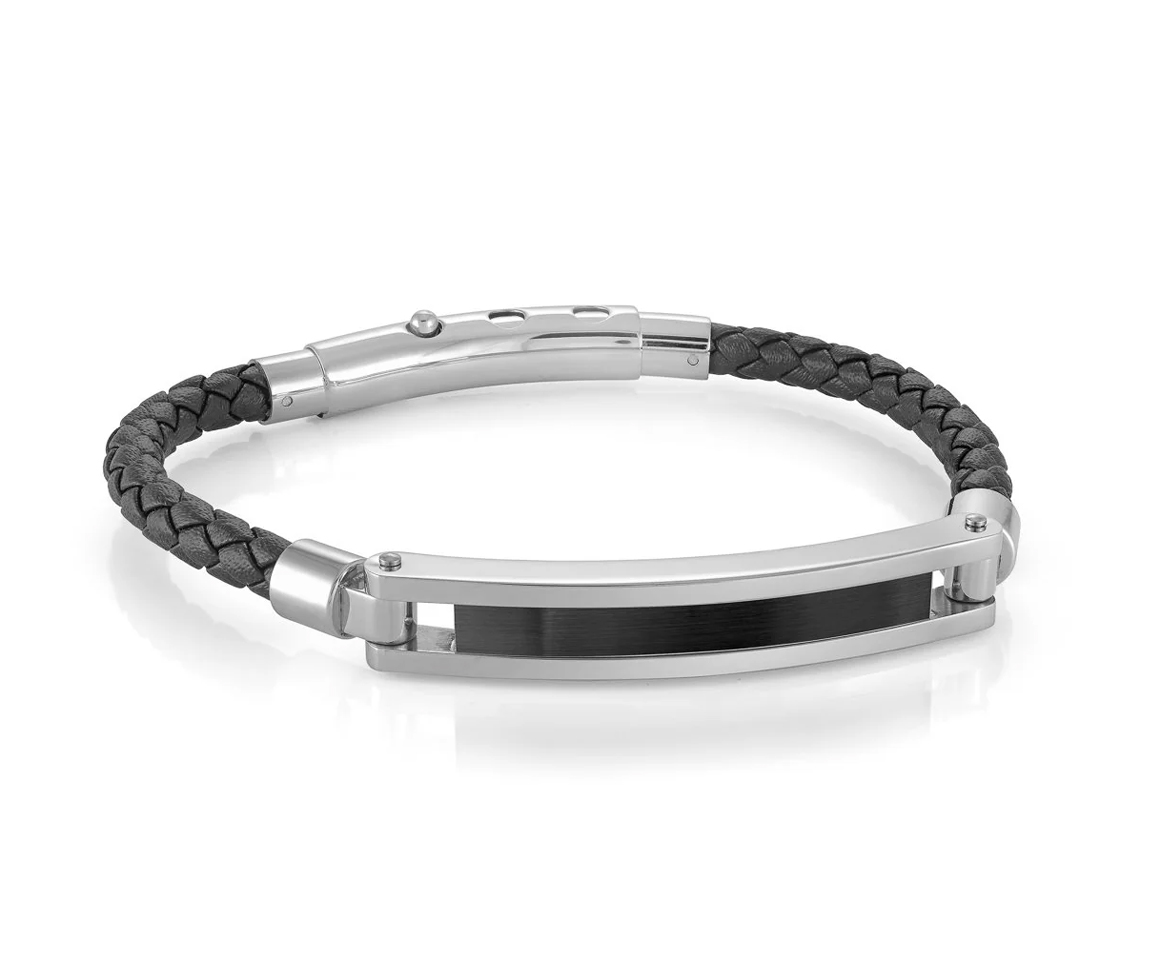BRACELET EN ACIER/PVD NOIR ET CUIR TRESSÉ AJUSTABLE - IG SLB490 - ITALGEM BRACELET EN ACIER/PVD NOIR ET CUIR TRESSÉ AJUSTABLE - IG SLB490 - ITALGEM