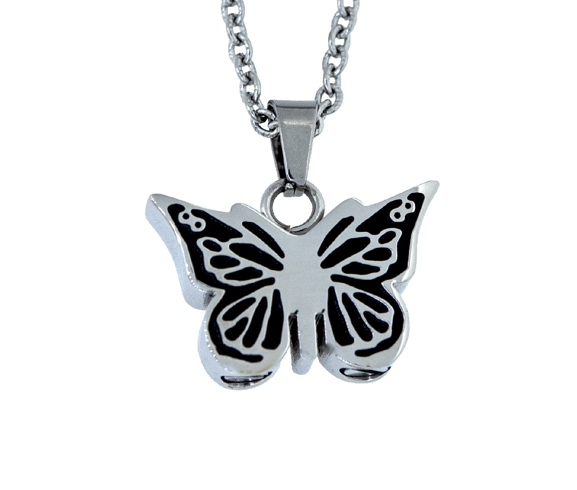 PENDENTIF URNE/CENDRE PAPILLON EN ACIER/PVD NOIR 2 TONS ET SA CHAINE PENDENTIF URNE/CENDRE PAPILLON EN ACIER/PVD NOIR 2 TONS ET SA CHAINE
