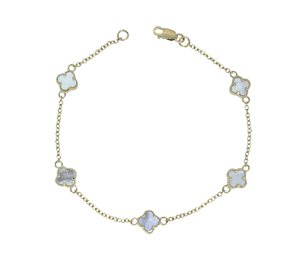 BRACELET EN OR JAUNE AVEC TRÈFLES SERTIS DE NACRE DE PERLE - MB TREBRANA7 - BIJOUX D'IMPORTATION BRACELET EN OR JAUNE AVEC TRÈFLES SERTIS DE NACRE DE PERLE - MB TREBRANA7 - BIJOUX D'IMPORTATION