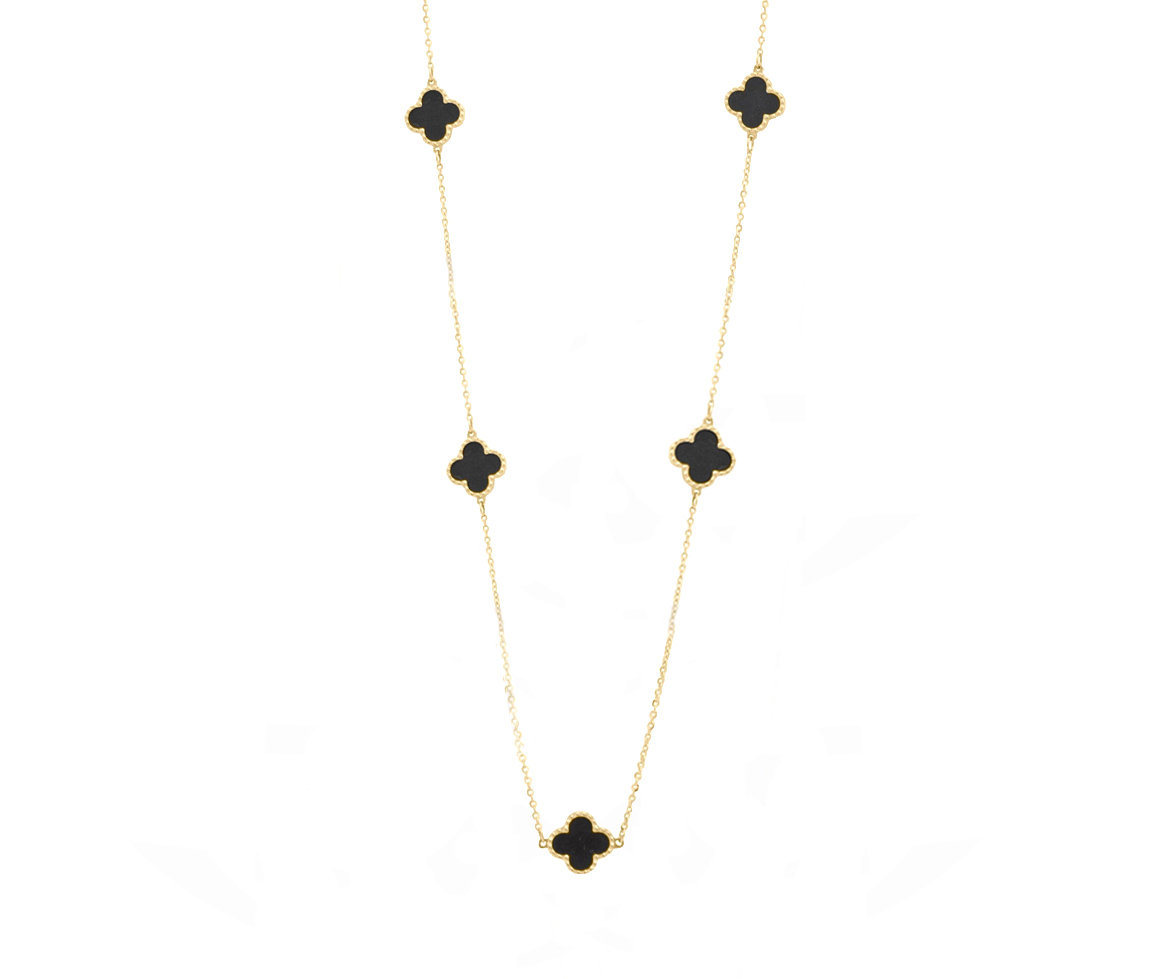COLLIER EN OR JAUNE AVEC TRÈFLES SERTI D'ONYX - CB FNYV4/200BK - CBE COLLIER EN OR JAUNE AVEC TRÈFLES SERTI D'ONYX - CB FNYV4/200BK - CBE