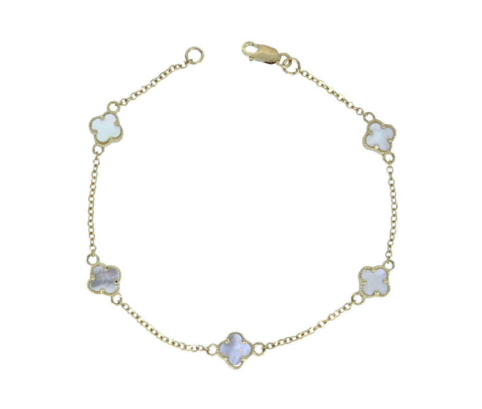 BRACELET EN OR JAUNE AVEC TRÈFLES SERTIS DE NACRE DE PERLE - MB TREBRANA7 - BIJOUX D'IMPORTATION BRACELET EN OR JAUNE AVEC TRÈFLES SERTIS DE NACRE DE PERLE - MB TREBRANA7 - BIJOUX D'IMPORTATION