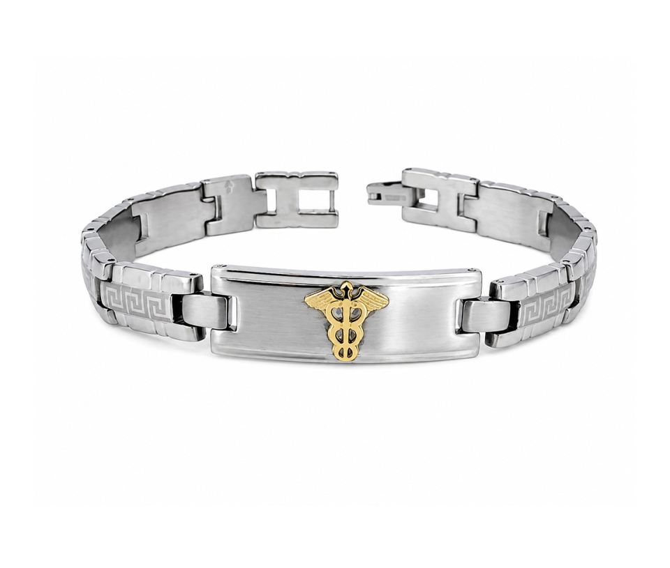 BRACELET MÉDICAL EN ACIER ET OR JAUNE À MOTIF VERSACE BRACELET MÉDICAL EN ACIER ET OR JAUNE À MOTIF VERSACE