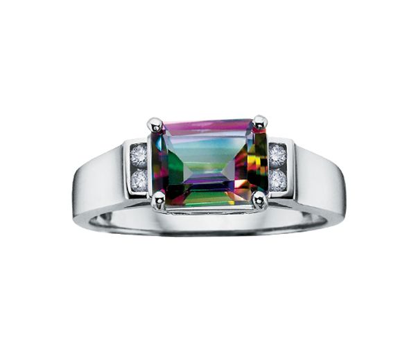 BAGUE EN OR BLANC SERTIE D'UN TOPAZE MYSTIQUE ET DE DIAMANTS - CR DD1927 - BIJOUX CANADIEN