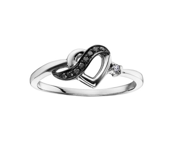 BAGUE COEUR EN OR AVEC DIAMANTS BLANCS ET NOIRS - CR DD2465 - BIJOUX CANADIEN