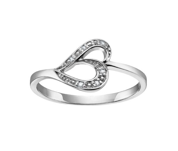BAGUE COEUR EN OR 10K BLANC SERTIE DE DIAMANTS - CR DD2590 - BIJOUX CANADIEN