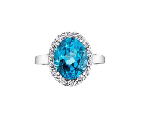 BAGUE EN OR 10K BLANC SERTIE D'UN TOPAZE BLEU ET DE DIAMANTS - CR DD7484 - BIJOUX CANADIEN
