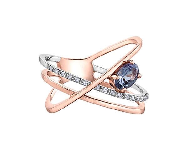 BAGUE EN OR ROSE ET BLANC SERTIE D'UNE TANZANITE ET DE DIAMANTS - CR DD7490 - BIJOUX CANADIEN