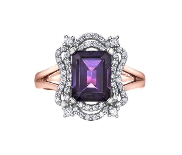 BAGUE EN OR 2 TONS ROSE SERTIE D'UNE AMÉTHYSTE ET DE DIAMANTS - CR DD7570 - BIJOUX CANADIEN