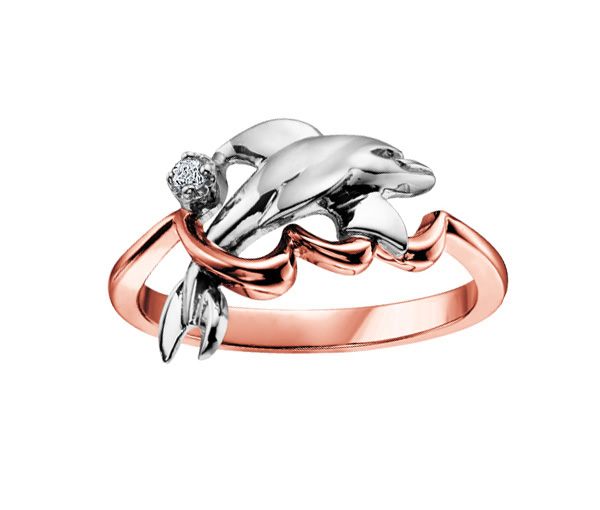 BAGUE DAUPHIN EN OR 10K 2 TONS SERTIE D'UN DIAMANT - CR DD2154R - BIJOUX CANADIEN