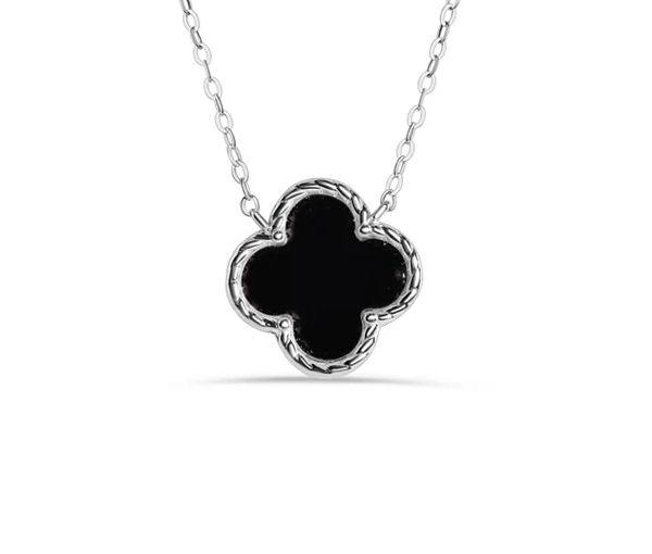 COLLIER TRÈFLE EN ARGENT RHODIÉ SERTI DE NACRE DE PERLE OU D'ÉMAIL NOIR - SP STP01860B - BIJOUX D'IMPORTATION