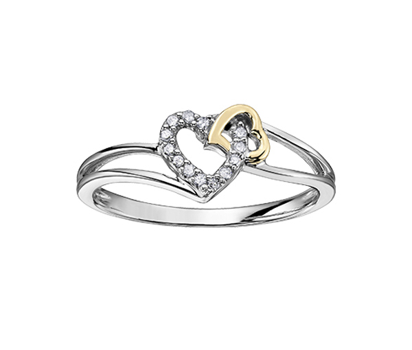 BAGUE 2 COEURS EN OR 10K 2 TONS SERTIE DE DIAMANTS - CR DD2589Y - BIJOUX CANADIEN