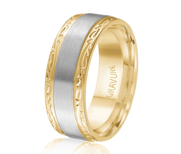 JONC EN OR OU EN PLATINE AVEC MOTIF GRAVURE BRANCHE ET SATINÉ AU CENTRE - ML GH1512YW614 - MALO 