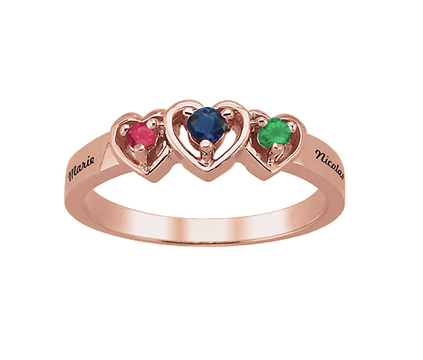 BAGUE FAMILLIALE 3 COEURS EN ARGENT OU EN OR SERTIE DE 3 PIERRES - PG 40033R - PERSONALIZED GEM