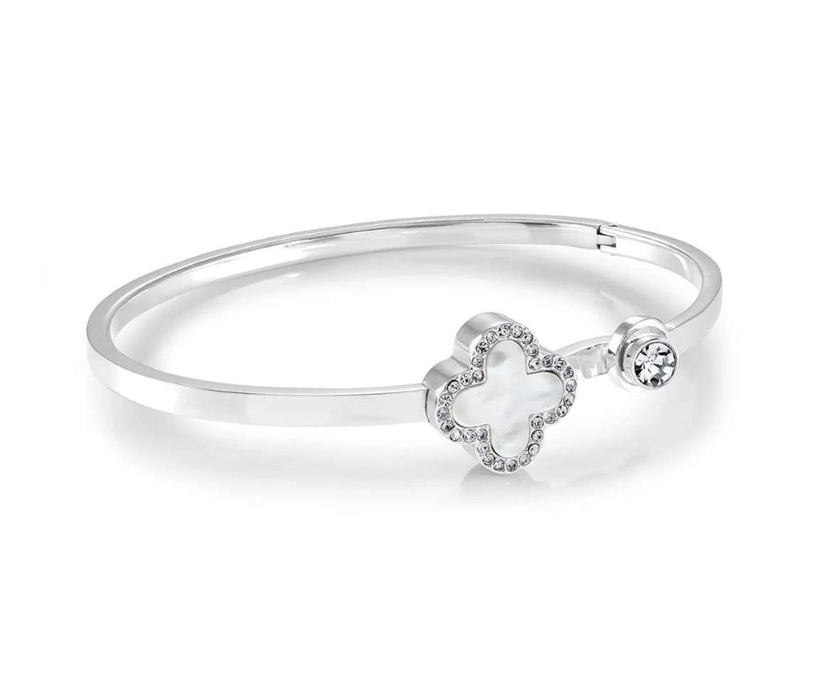 BRACELET BANGLE EN ACIER AVEC UN TRÈFLE SERTI DE NACRE BLANCHE ET DE CUBIQUES ZIRCONIAS - IG SWBG118 - VÉLORIA