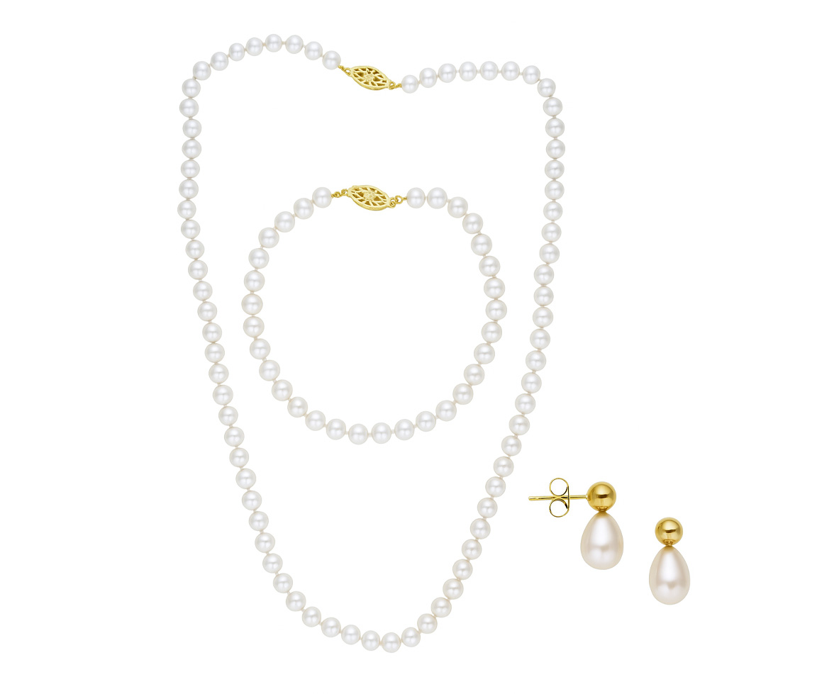 ENSEMBLE 3 MORCEAUX, COLLIER, BRACELET ET BOUCLES EN ARGENT/PVD OR AVEC PERLES D'EAU DOUCE - AR 1420/5/18/78 - PERLE D'IMPORTATION