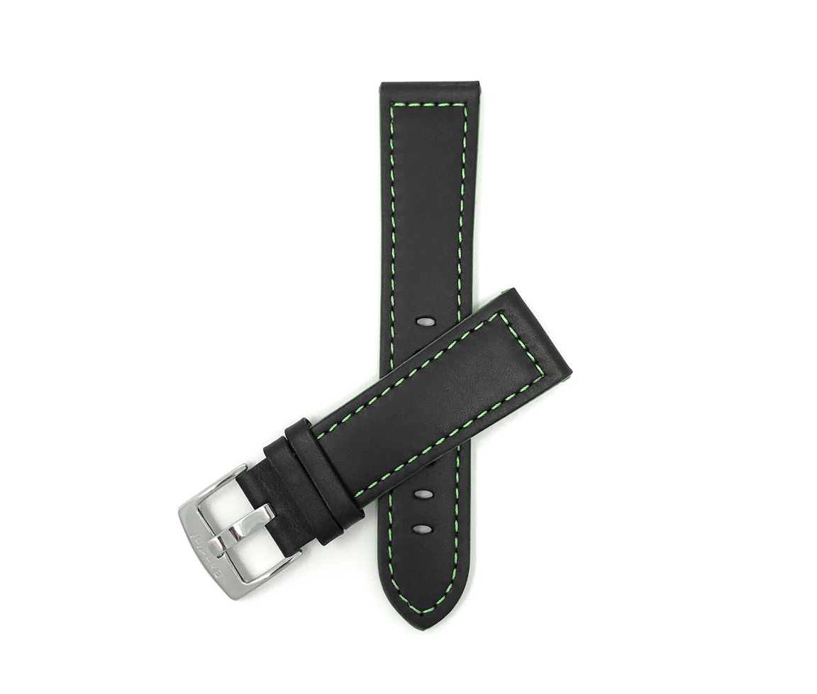 BRACELET DE MONTRE EN CUIR NOIR AVEC SURPIQÛRES DE COULEUR 