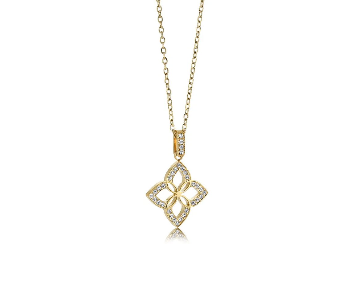 PENDENTIF FLEUR AJOURÉE EN ACIER OU ACIER/PVD OR SERTI DE CUBIQUES ZIRCONIAS - IG SWP124GO - VELORIA