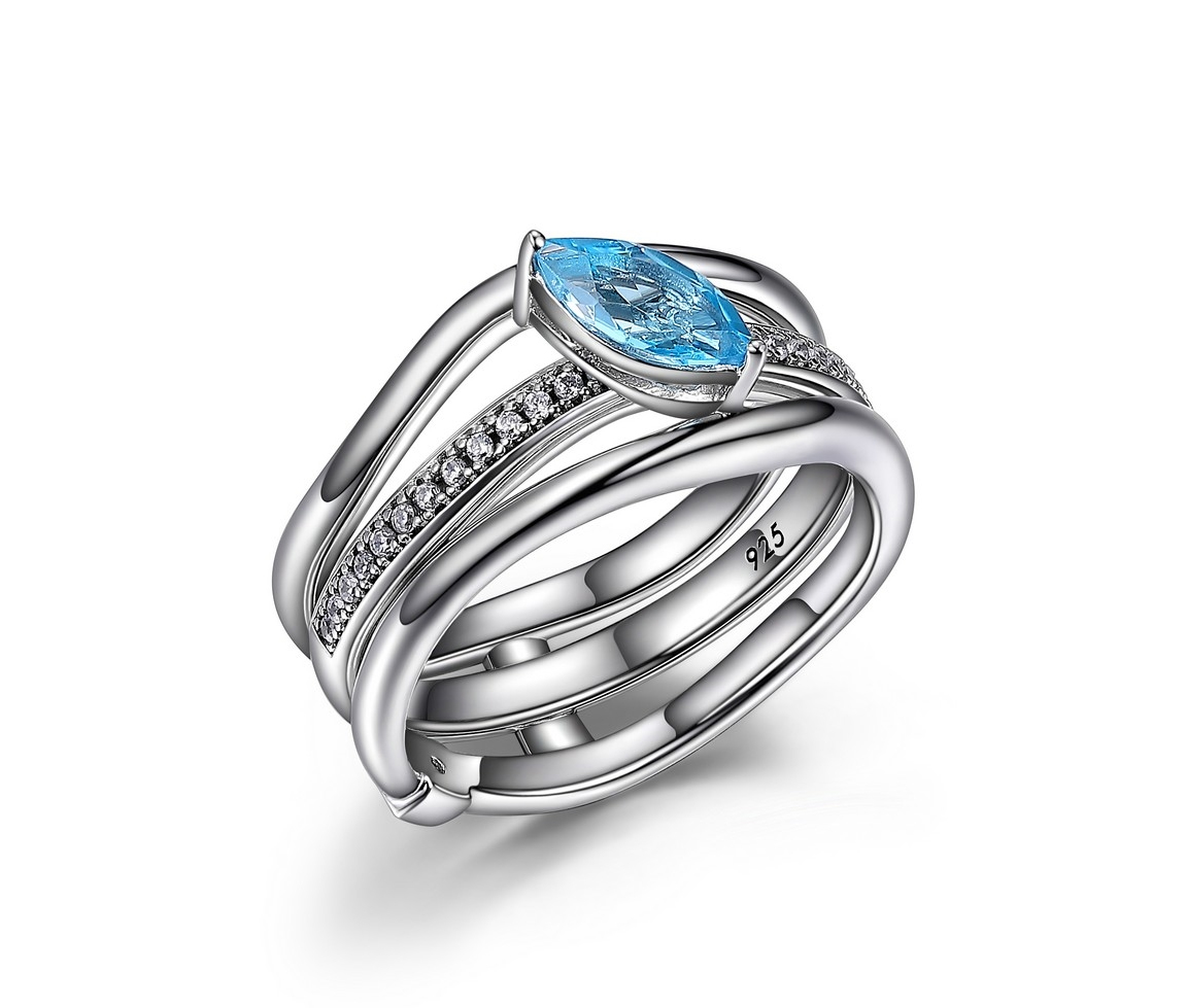 ENSEMBLE DE 2 BAGUES ELLE EN ARGENT RHODIÉ SERTIES D'UN TOPAZE BLEU ET DE CUBIQUES ZIRCONIAS - PJ R4LA9K12AC - ELLE