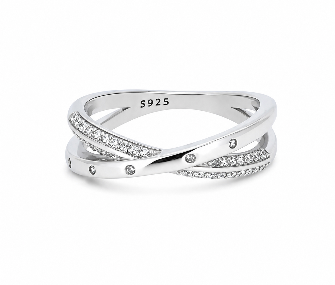 BAGUE CROISÉE EN ARGENT RHODIÉ AVEC CZ - SC BD02 - BIJOUX D'IMPORTATION