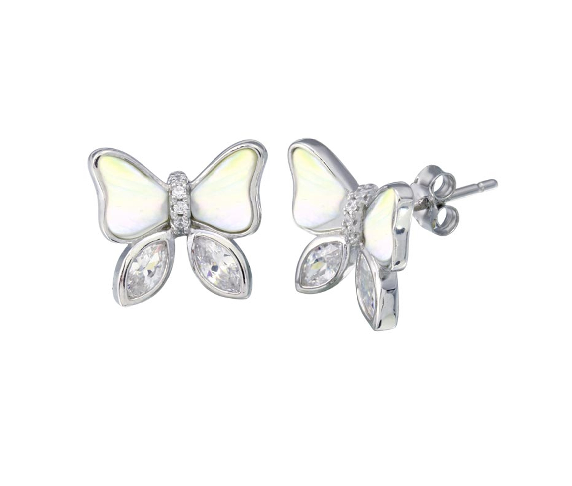 BOUCLES PAPILLONS EN ARGENT RHODIÉ SERTIES DE NACRE DE PERLE ET DE CUBIQUES ZIRCONIAS - SP STE01326 - BIJOUX D'IMPORTATION