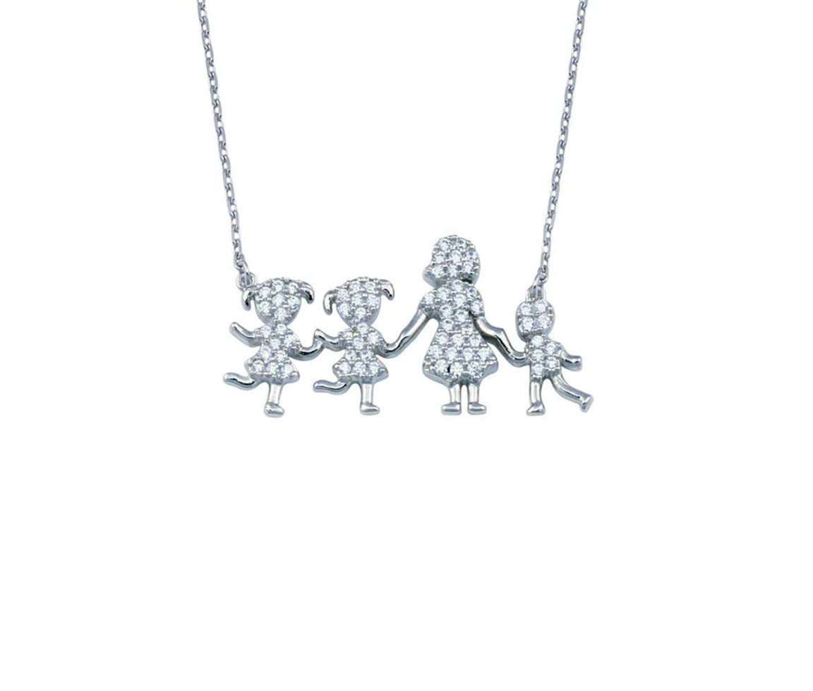 COLLIER FAMILLE (MAMAN ET SON GARÇON ET SES 2 FILLES) EN ARGENT RHODIÉ SERTI DE CUBIQUES ZIRCONIAS - SP GMN00113 - BIJOUX D'IMPORTATION