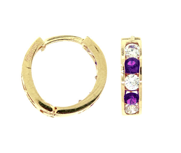 BOUCLES HUGGIES EN OR 10K SERTIES DE CUBIQUES ZIRCONIAS VIOLETS ET BLANCS - MB HUGNA0210 - BIJOUX D'IMPORTATION