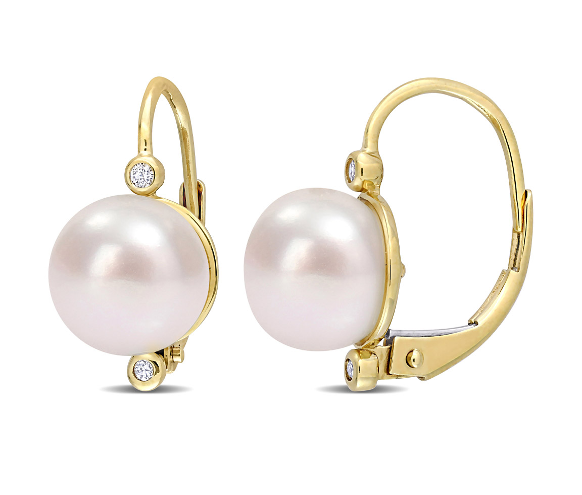 BOUCLES EN OR JAUNE SERTIES DE DIAMANTS ET DE PERLES D'EAU DOUCE - DM FC2A6J - PERLE D'IMPORTATION
