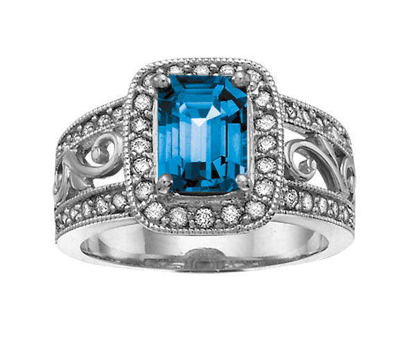 BAGUE EN OR BLANC SERTIE D'UN TOPAZE BLEU ET DE DIAMANTS - CR DD1708 - BIJOUX CANADIEN