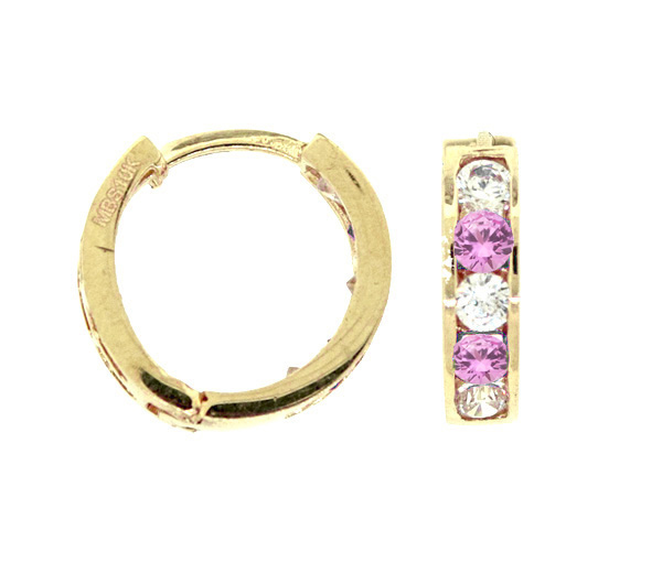 BOUCLES HUGGIES EN OR 10K SERTIES DE CUBIQUES ZIRCONIAS ROSES ET BLANCS - MB HUGNA1010 - BIJOUX D'IMPORTATION