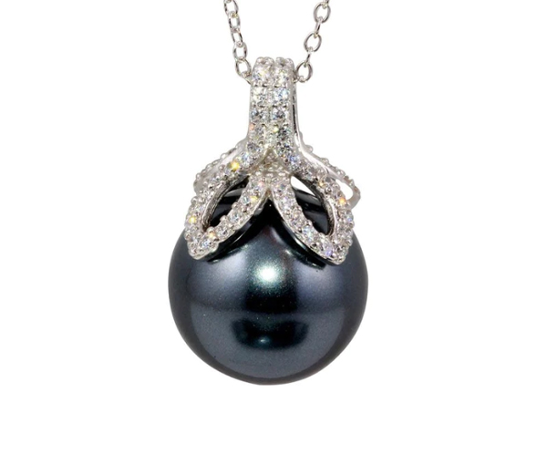 PENDENTIF EN ARGENT RHODIÉ SERTI DE CUBIQUES ZIRCONIAS ET D'UNE PERLE SYNTHÉTIQUE GRISE - SP BGP01245 - BIJOUX D'IMPORTATION