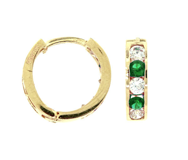 BOUCLES HUGGIES EN OR 10K SERTIES DE CUBIQUES ZIRCONIAS VERTS ET BLANCS - MB HUGNA0513 - BIJOUX D'IMPORTATION