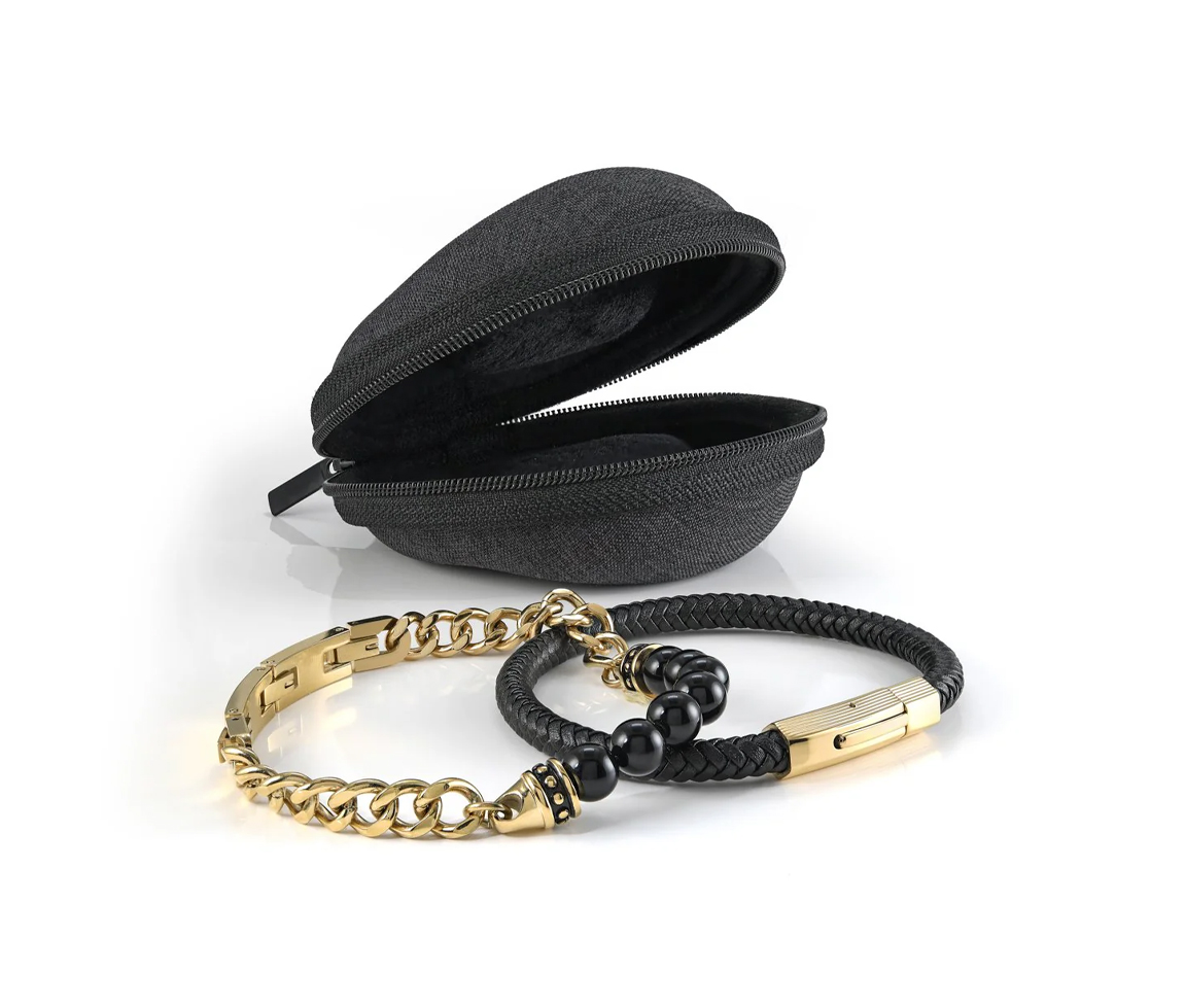 COMBO DE 2 BRACELETS BILLES D'ONYX ET D'ACIER/PVD OR AVEC SA POCHETTE - IG STACK18 - ITALGEM