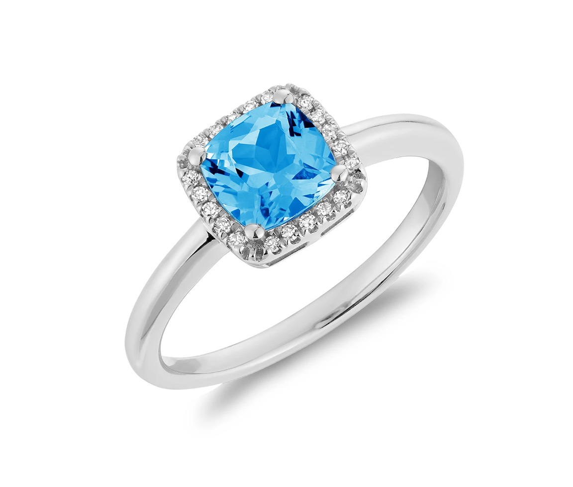 BAGUE EN OR BLANC SERTIE D'UN TOPAZE BLEU ET DE DIAMANTS - BR 02041028BT - Bijoux d'importation
