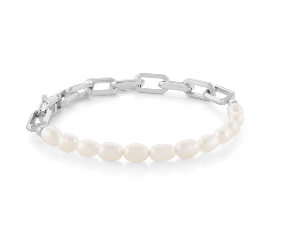 BRACELET EN ACIER ET PERLES SYNTHÉTIQUES À MAILLE PAPERCLIP - IG SWB206/7 - VELORIA