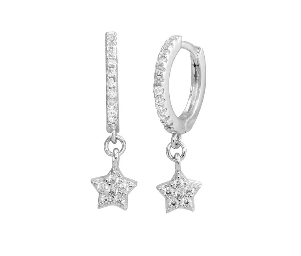 BOUCLES HUGGIES AVEC ÉTOILES EN ARGENT RHODIÉ SERTIES DE CUBIQUES ZIRCONIAS - SP STE01213 - BIJOUX D'IMPORTATION