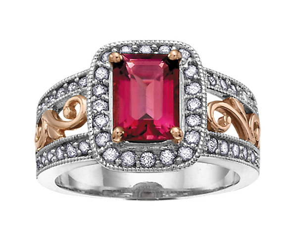 BAGUE EN OR 2 TONS ROSE SERTIE DE DIAMANTS ET D'UNE TOURMALINE ROSE - CR DD1709 - BIJOUX CANADIEN