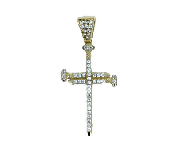 PENDENTIF CROIX/CLOUS EN OR 10K SERTI DE CUBIQUES ZIRCONIAS - S CROIX04 - BIJOUX D'IMPORTATION