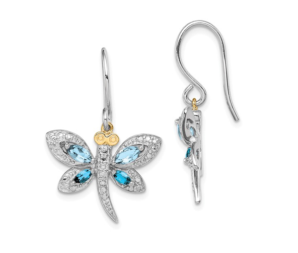 BOUCLES LIBELLULES EN ARGENT RHODIÉ ET ACCENT D'OR SERTIES DE TOPAZES BLEUS ET DE DIAMANTS - QG QE16657 - IMPORTATION