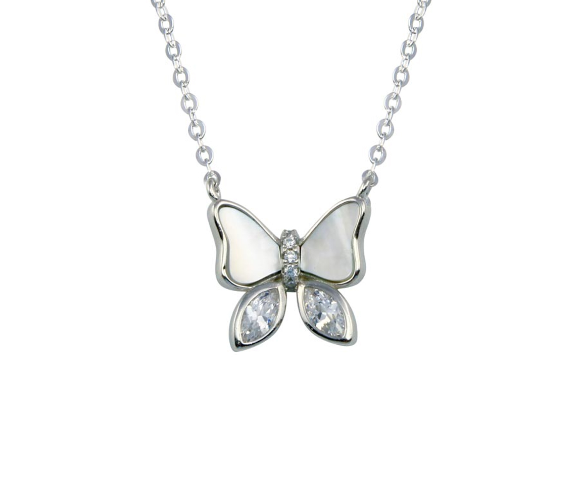 PENDENTIF PAPILLON EN ARGENT RHODIÉ SERTI DE NACRE DE PERLE ET DE CUBIQUES ZIRCONIAS - SP STP01765 - BIJOUX D'IMPORTATION
