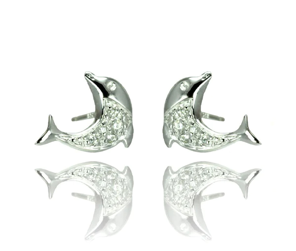 BOUCLES DAUPHIN EN ARGENT RHODIÉ SERTIES DE CUBIQUES ZIRCONIAS - SP STE00905 - BIJOUX D'IMPORTATION