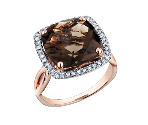 BAGUE EN OR ROSE ET BLANC SERTIE DE DIAMANTS ET D'N QUARTZ FUMÉ - CR DD2524 - BIJOUX CANADIEN