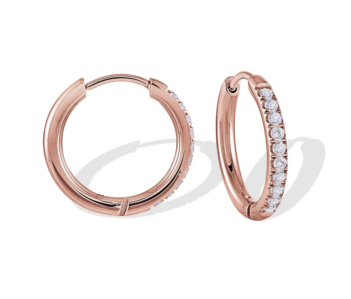 BOUCLES HUGGIES EN ACIER/PVD OR ROSE SERTIES DE CUBIQUES ZIRCONIAS - IG SEA205 - VÉLORIA