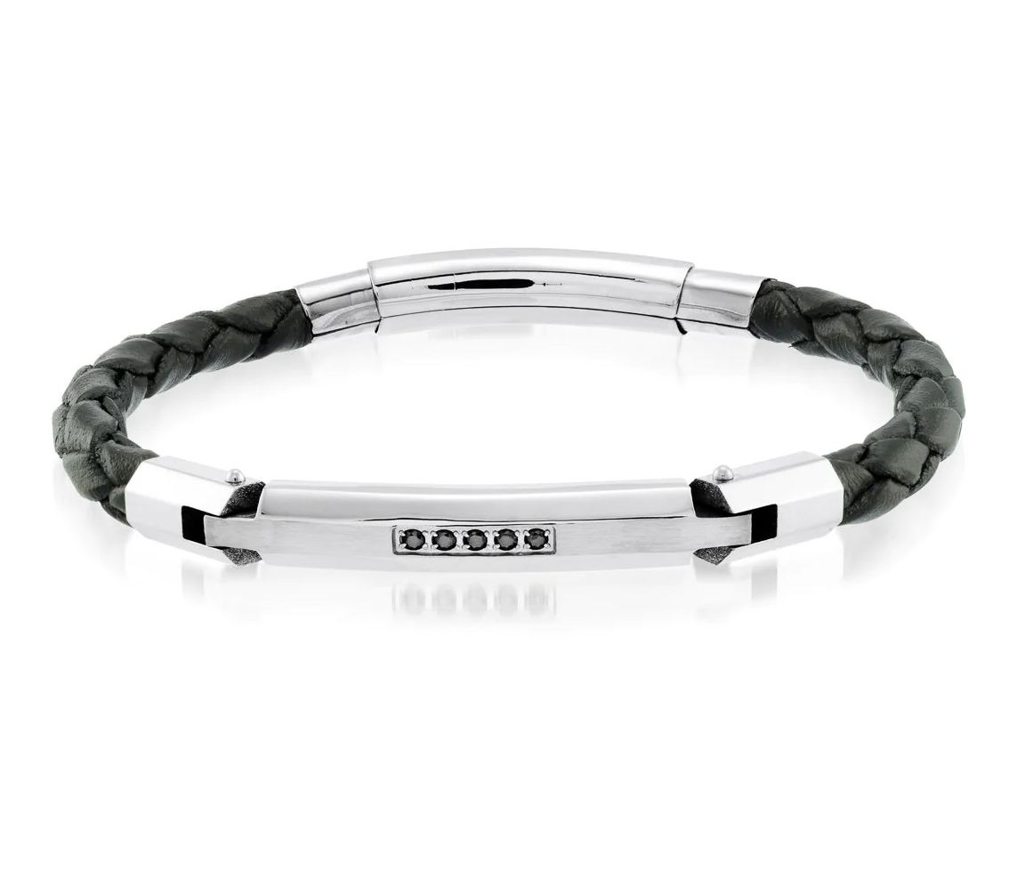 BRACELET EN CUIR TRESSÉ ET ACIER SERTI DE CUBIQUES ZIRCONIAS NOIRS - IG SLB161 - ITALGEM
