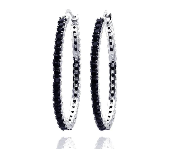 BOUCLES ANNEAUX EN ARGENT RHODIÉ ET PVD NOIR SERTIES DE CUBIQUES ZIRCONIAS NOIRS - SP BGE00074 - BIJOUX D'IMPORTATION