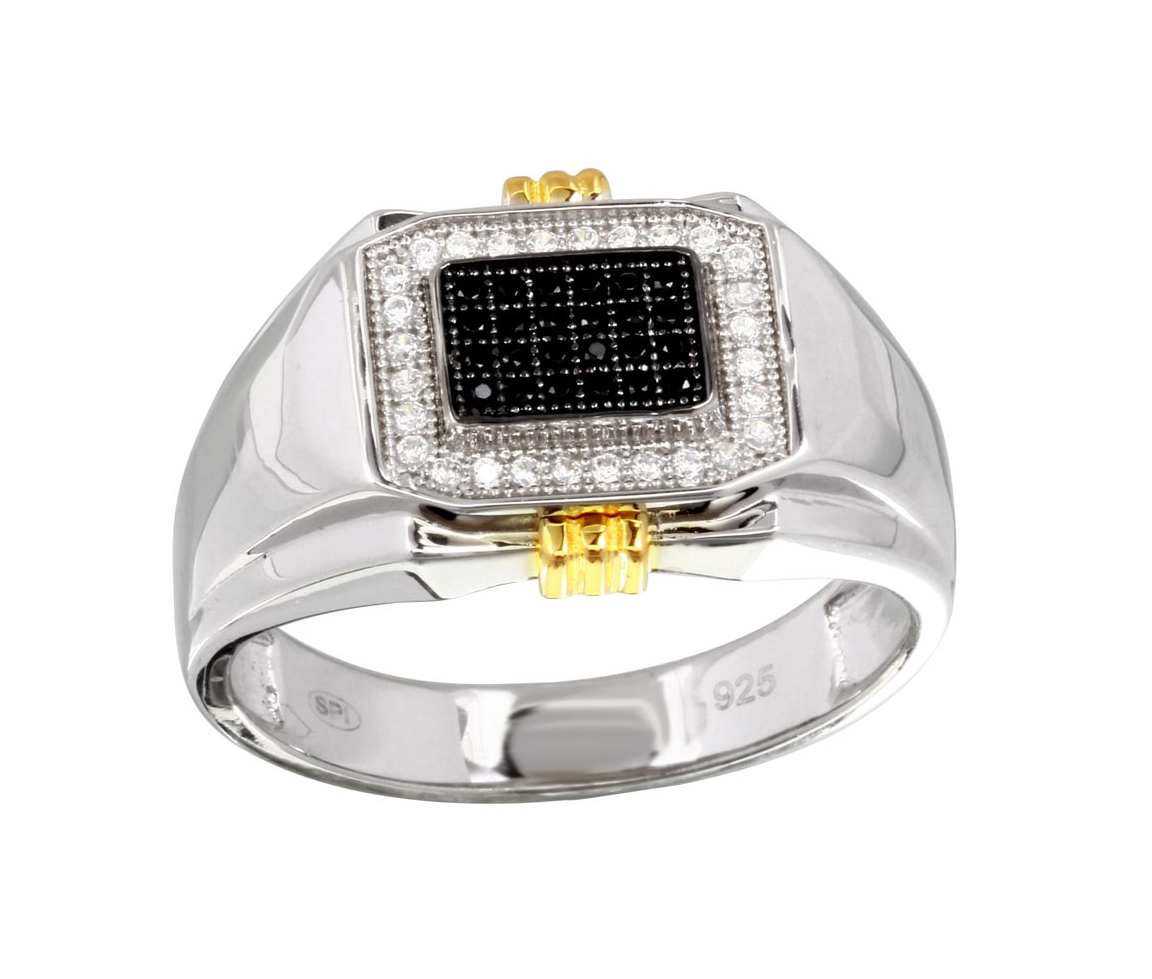 BAGUE EN ARGENT/PVD OR SERTIE DE CUBIQUES ZIRCONIAS NOIRS ET BLANCS - SP GMR00221RG - BIJOUX D'IMPORTATION