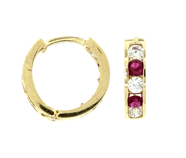 BOUCLES HUGGIES EN OR 10K SERTIES DE CUBIQUES ZIRCONIAS ROUGES ET BLANCS - MB HUGNA0710 - BIJOUX D'IMPORTATION
