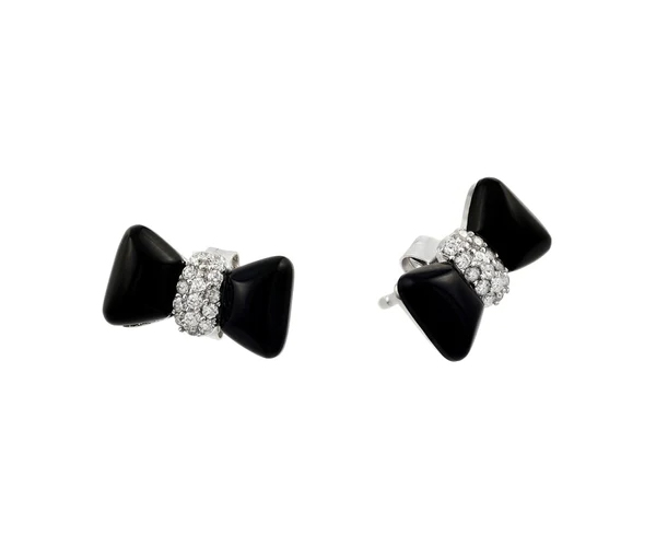 boucles noeud papillon en argent rhodié serties d'émail noir et de cubiques zirconias - SP STE00976 - BIJOUX D'IMPORTATION